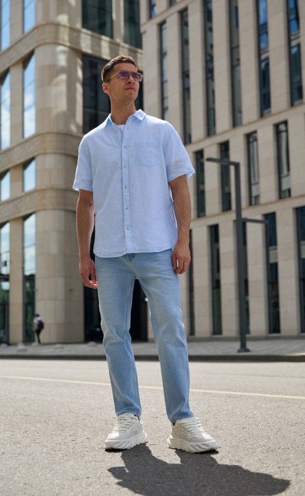 Рубашка к/р лен F111-0451 middle blue