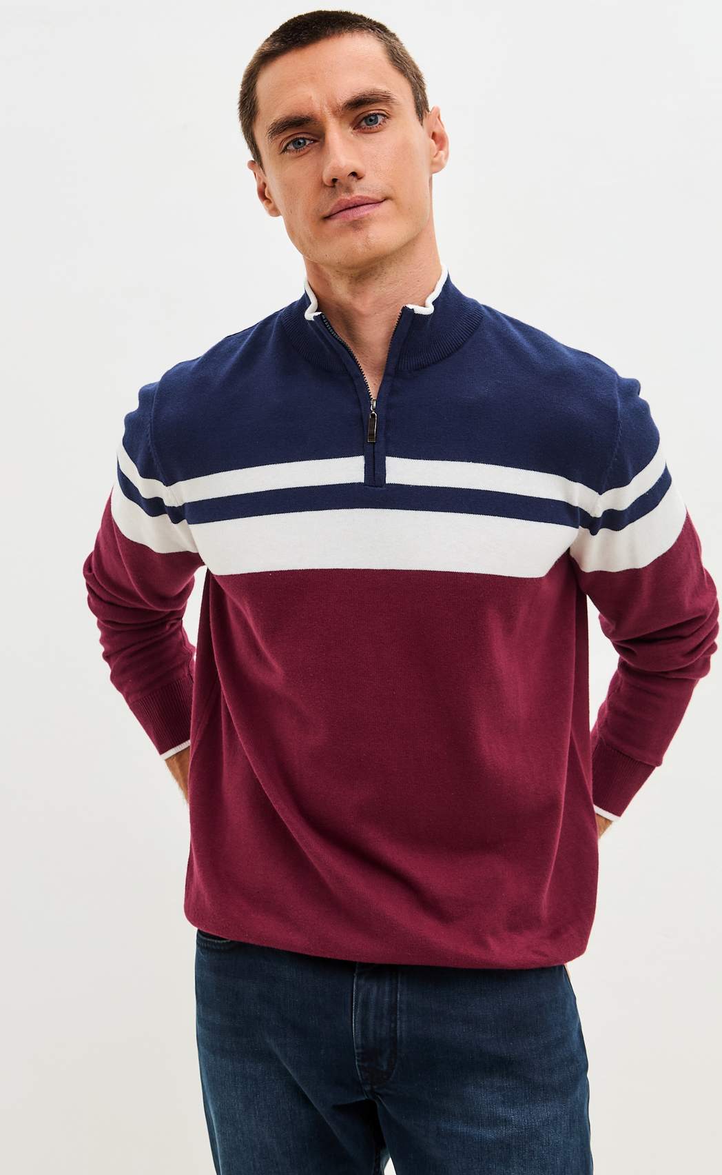 Джемпер мужской  в полоску с воротником-стойкой на молнии F221-15-831 сине-бордовый
