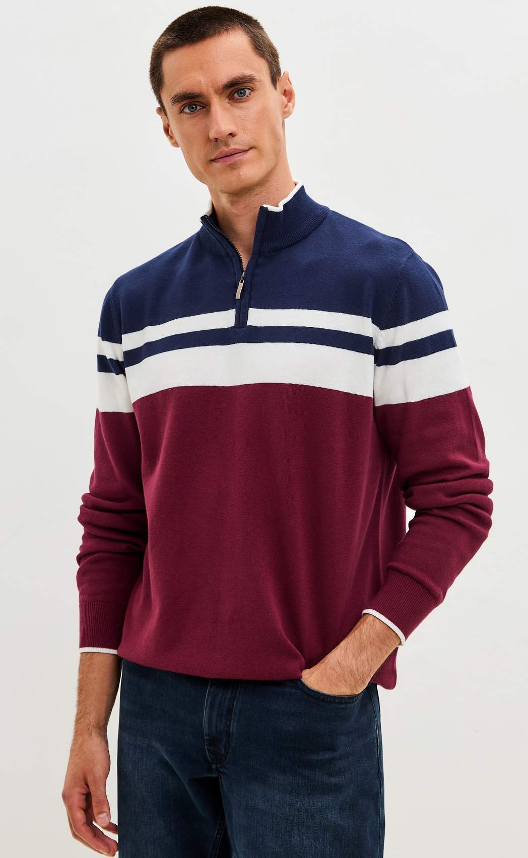 Джемпер мужской  в полоску с воротником-стойкой на молнии F221-15-831 сине-бордовый