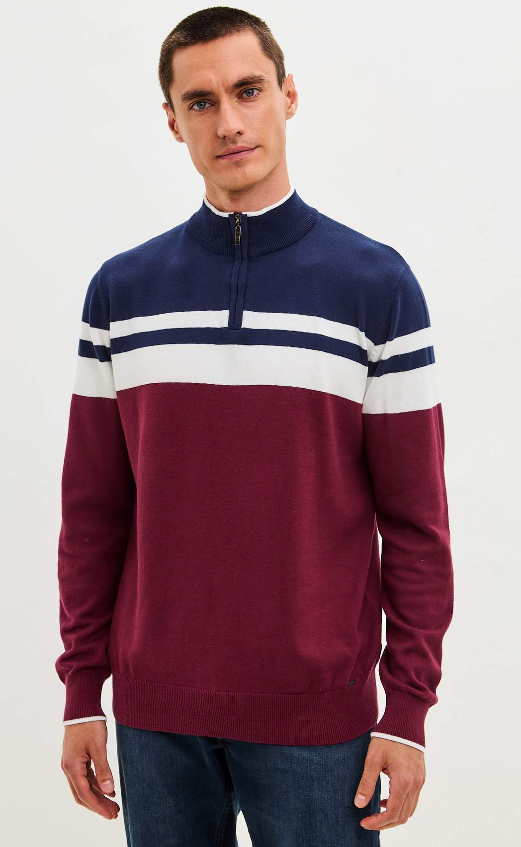 Джемпер мужской  в полоску с воротником-стойкой на молнии F221-15-831 сине-бордовый