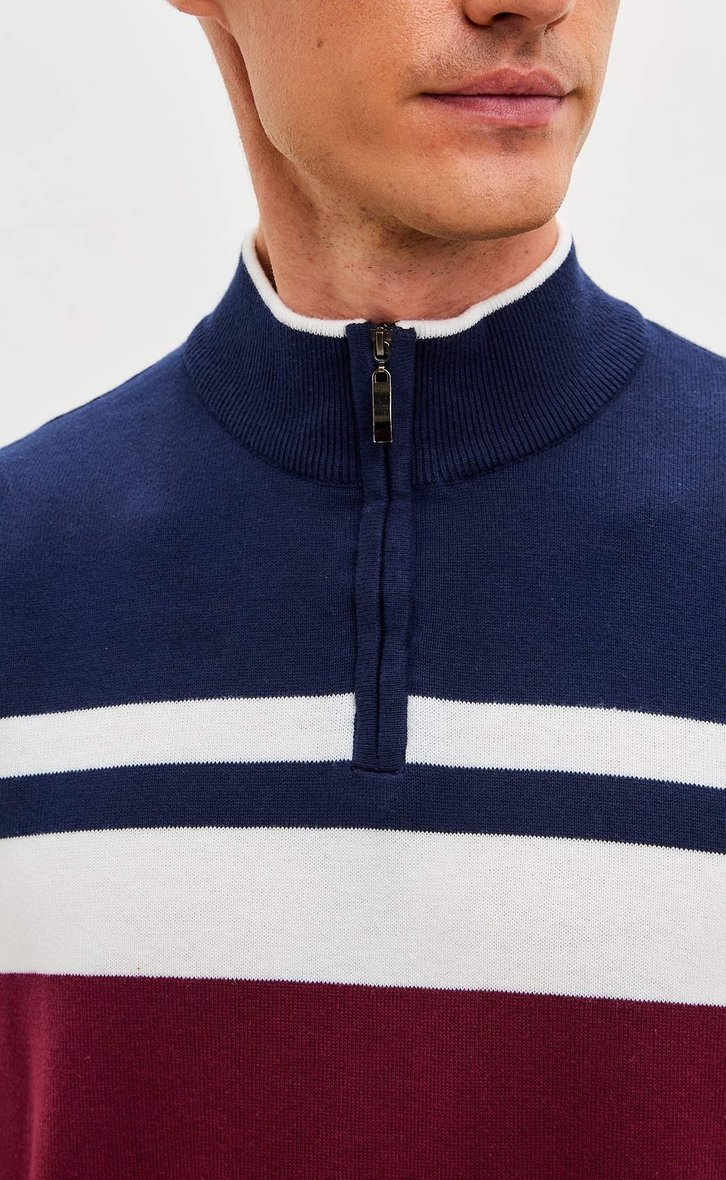 Джемпер мужской  в полоску с воротником-стойкой на молнии F221-15-831 сине-бордовый