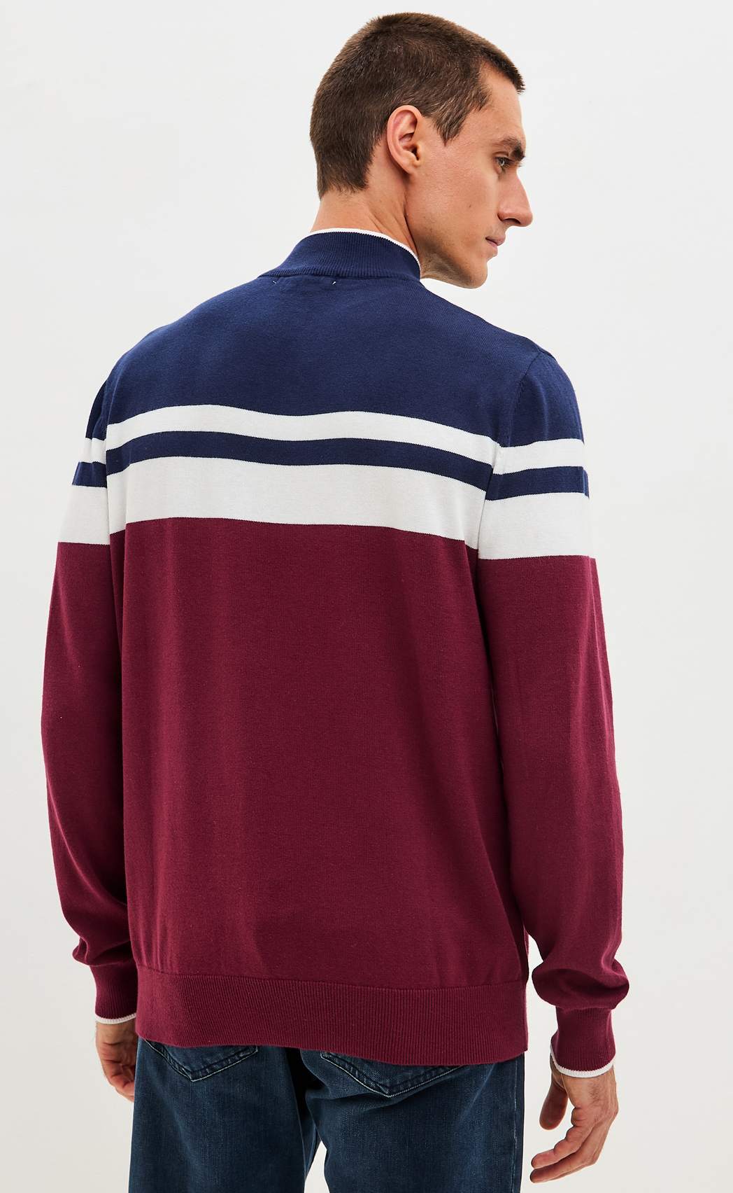 Джемпер мужской  в полоску с воротником-стойкой на молнии F221-15-831 сине-бордовый