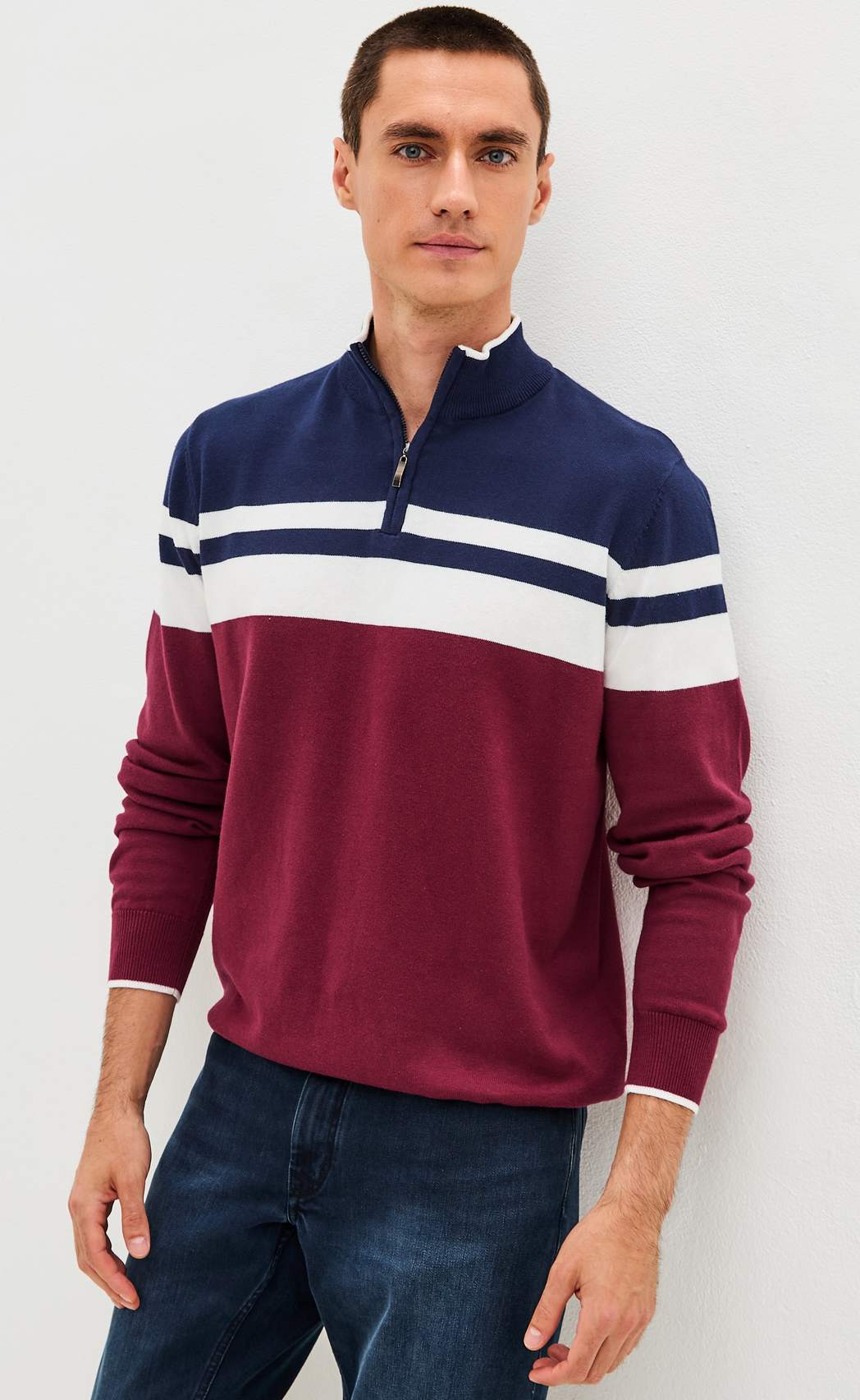 Джемпер мужской  в полоску с воротником-стойкой на молнии F221-15-831 сине-бордовый
