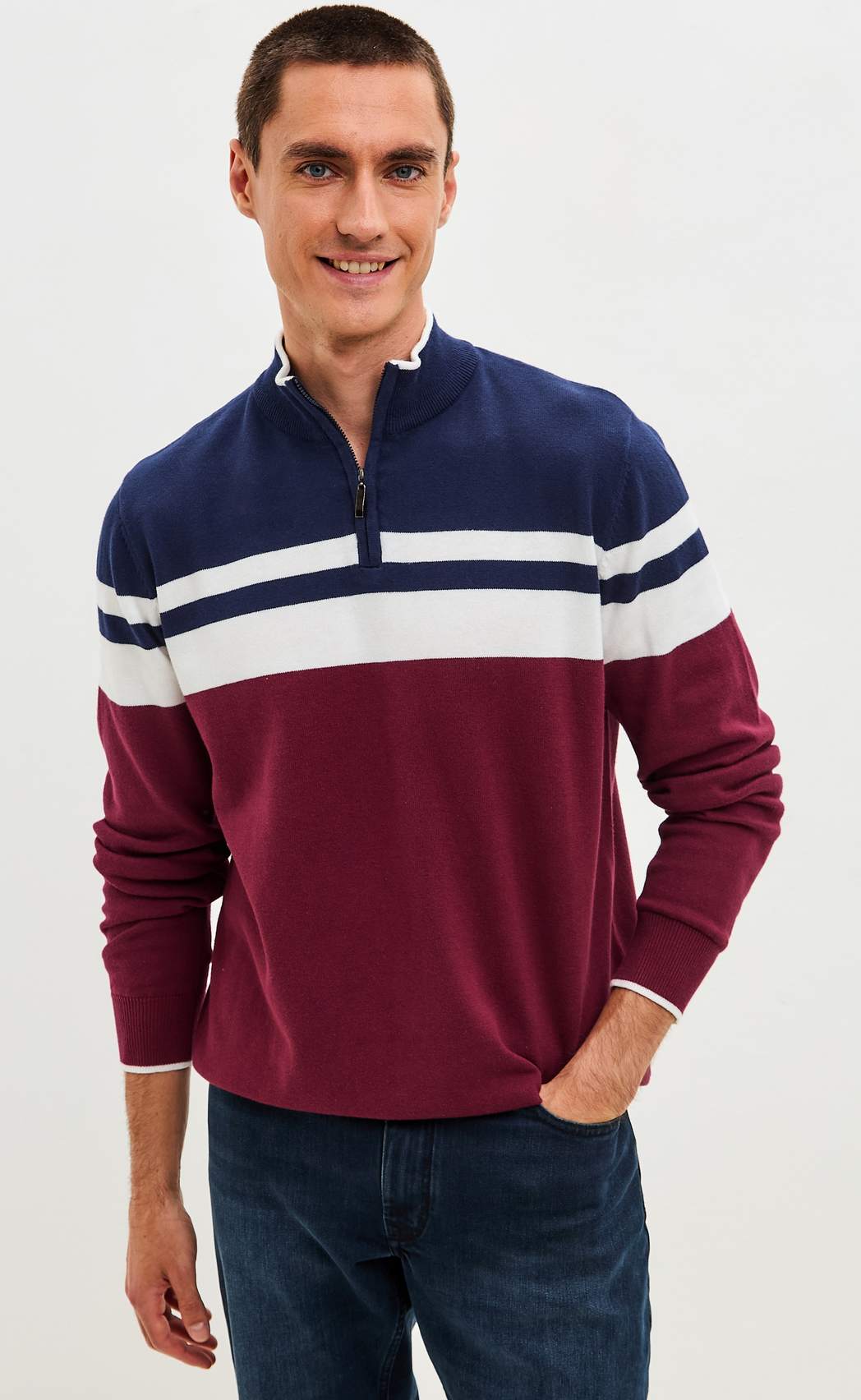 Джемпер мужской  в полоску с воротником-стойкой на молнии F221-15-831 сине-бордовый