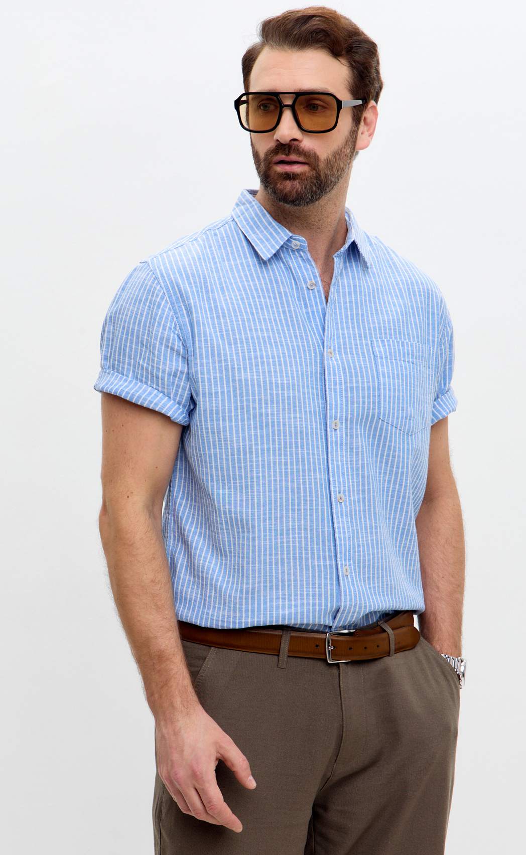 Рубашка к/р лен F111-0451 l.blue stripes