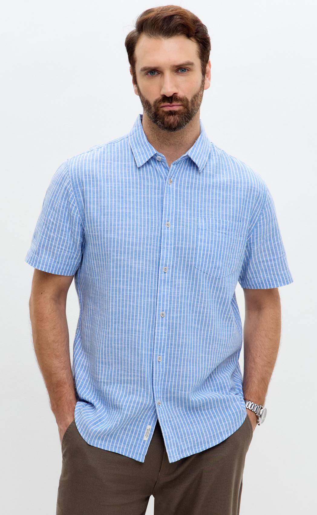 Рубашка к/р лен F111-0451 l.blue stripes