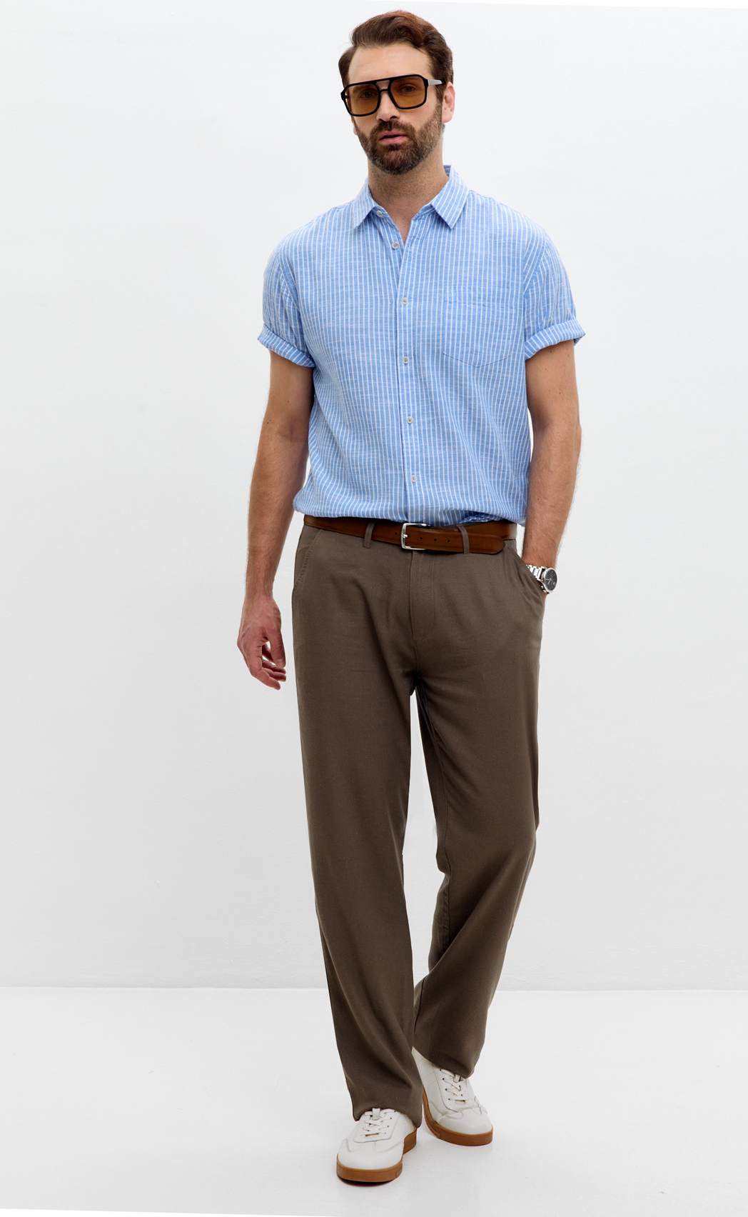 Рубашка к/р лен F111-0451 l.blue stripes