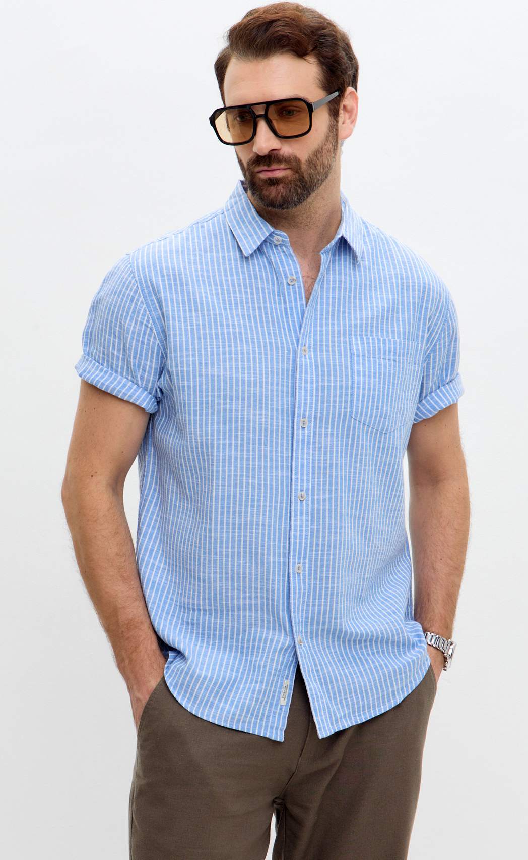 Рубашка к/р лен F111-0451 l.blue stripes