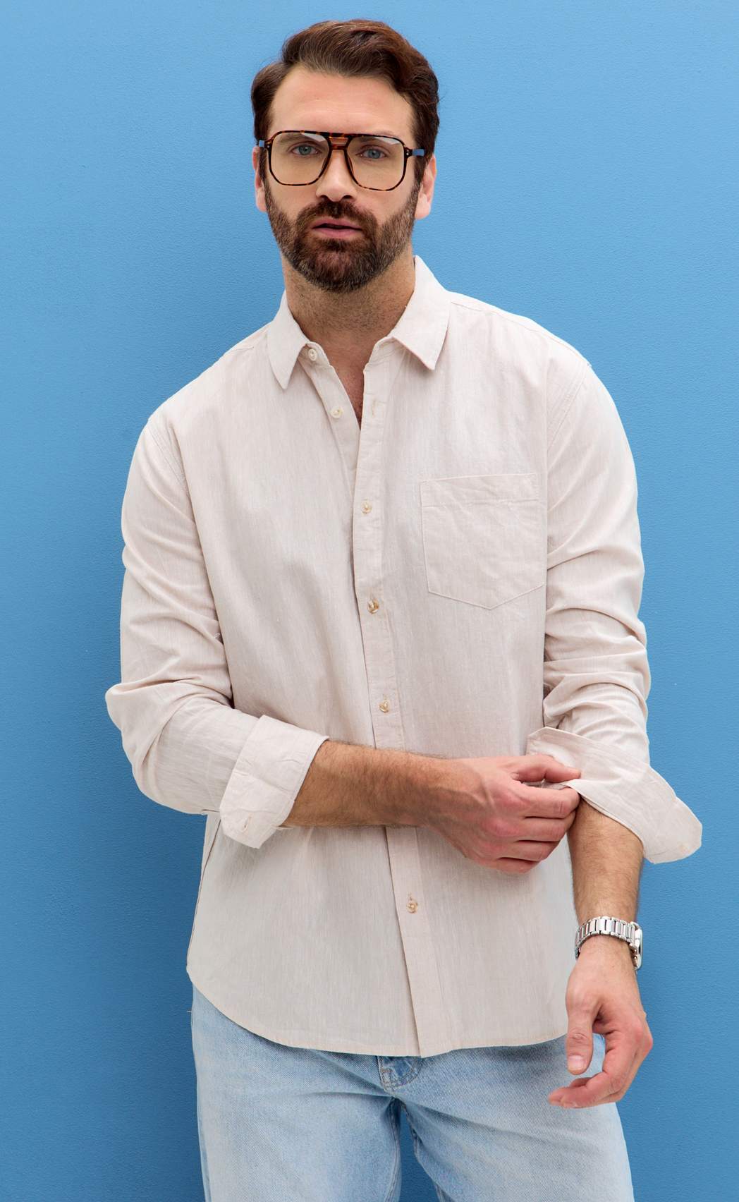 Рубашка д/р лен F111-0450-1 beige