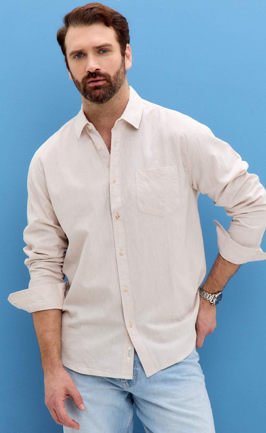 Рубашка д/р лен F111-0450-1 beige