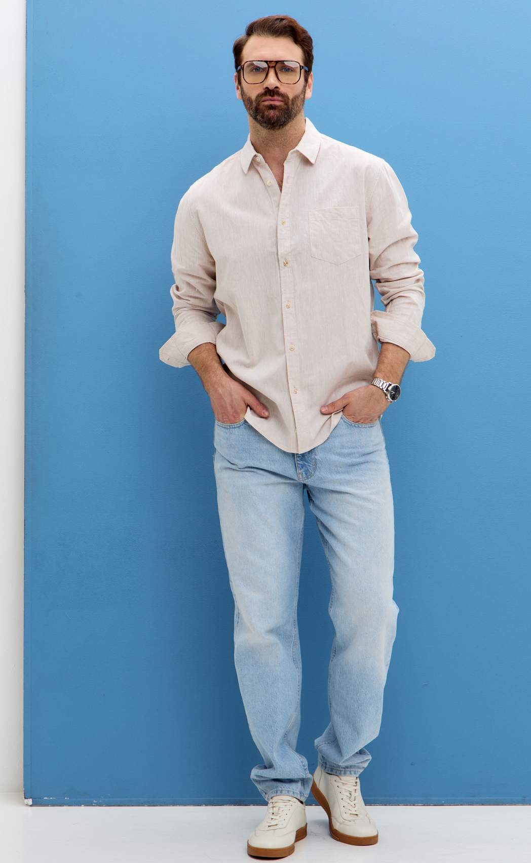 Рубашка д/р лен F111-0450-1 beige