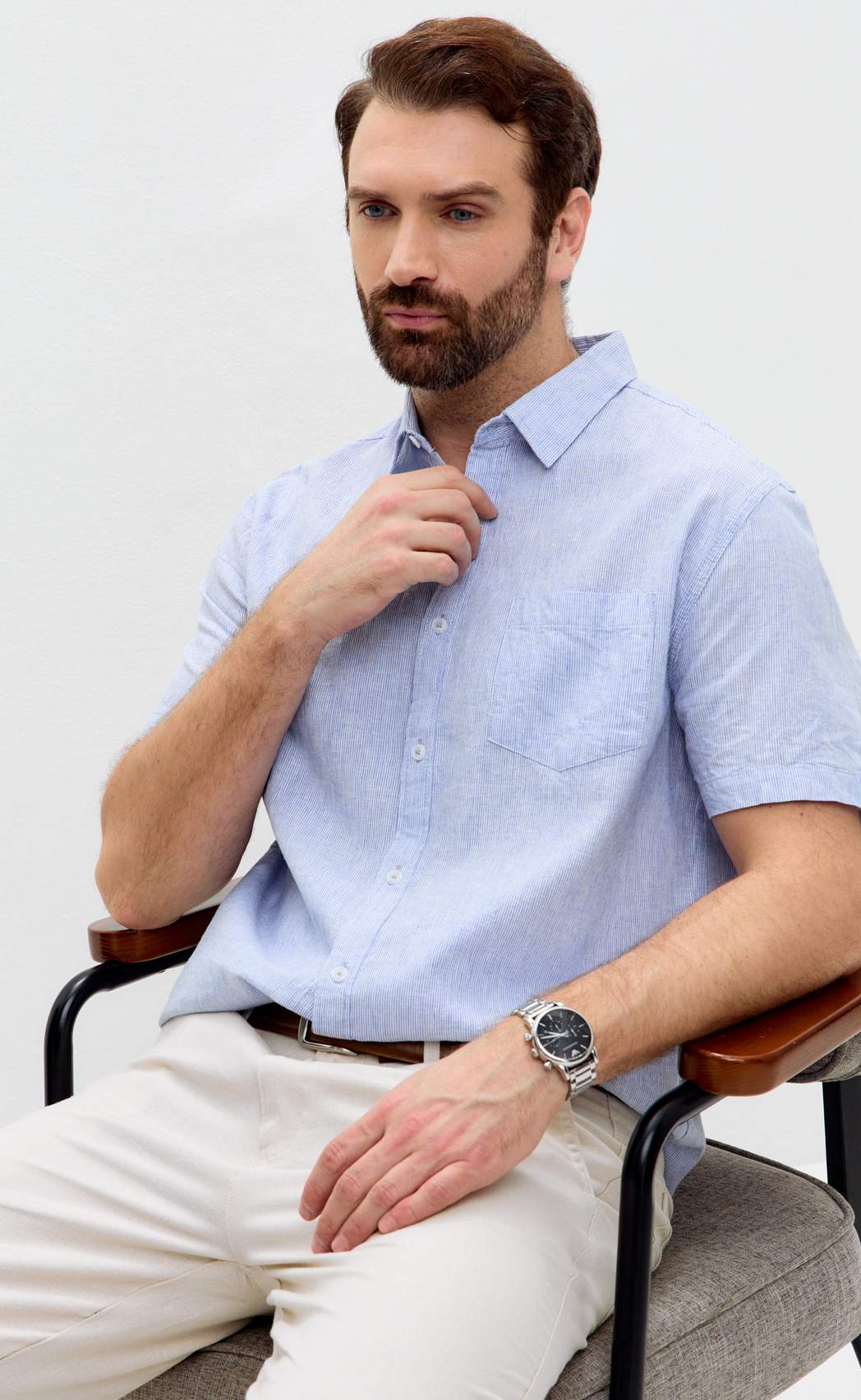 Рубашка к/р лен F111-0450 l.blue stripes