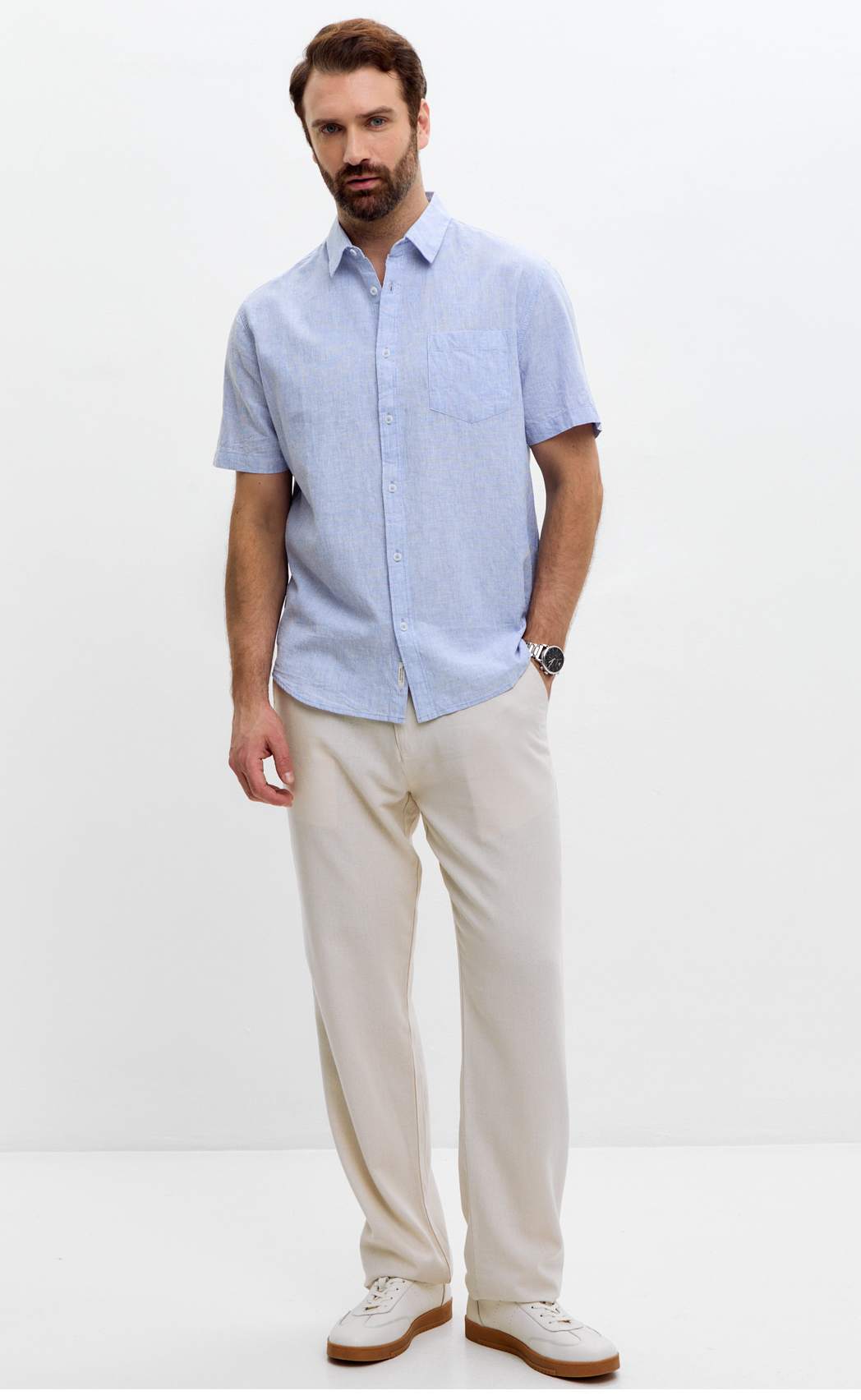 Рубашка к/р лен F111-0450 l.blue stripes