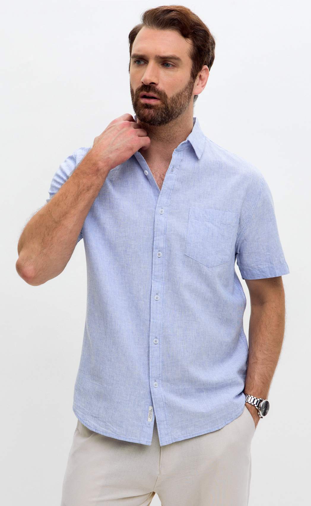 Рубашка к/р лен F111-0450 l.blue stripes