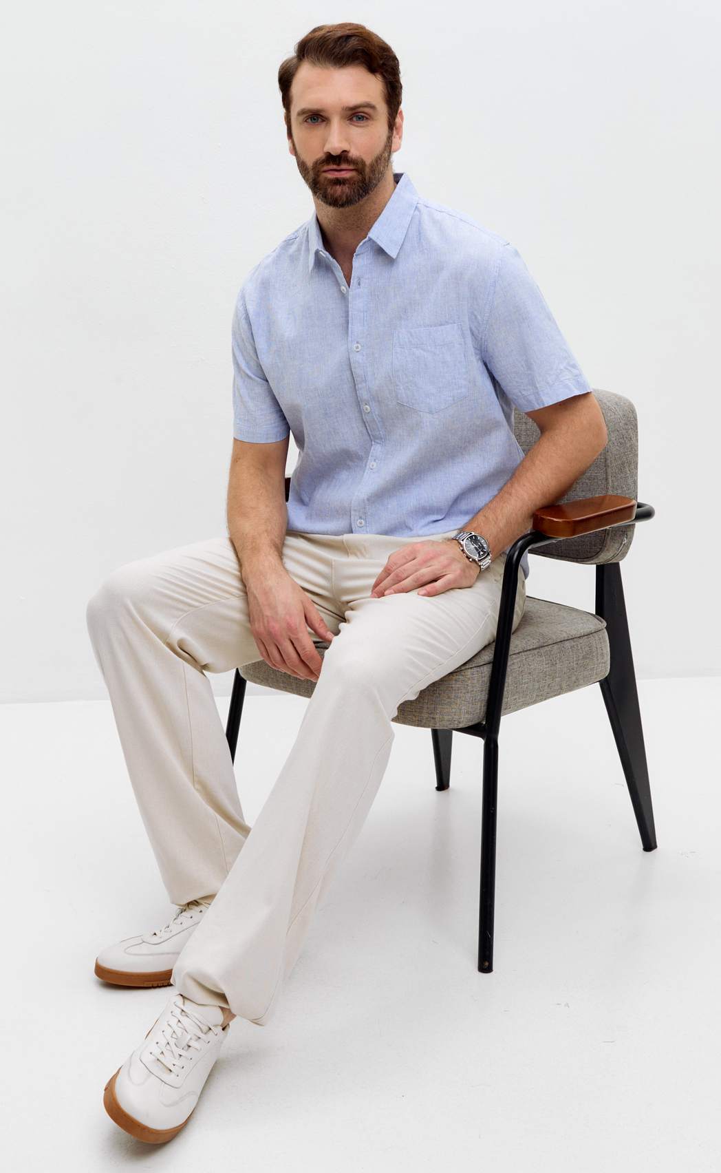 Рубашка к/р лен F111-0450 l.blue stripes