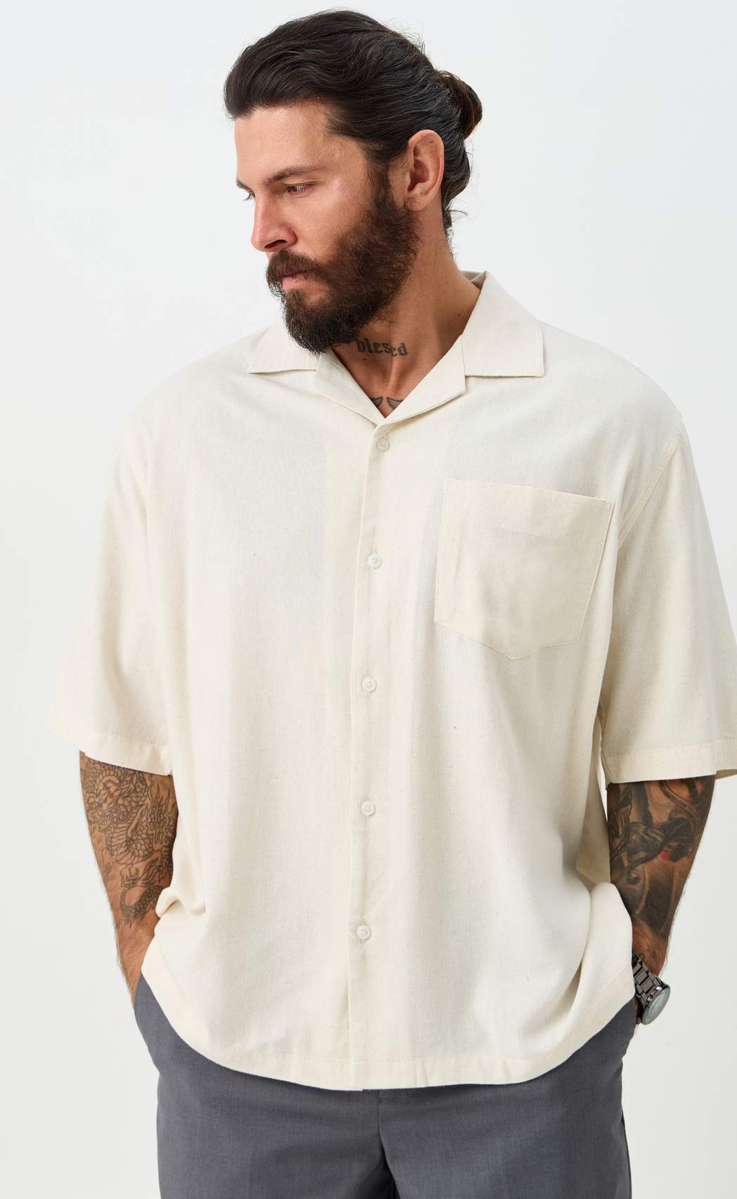 Рубашка к/р лен F611-0423 beige