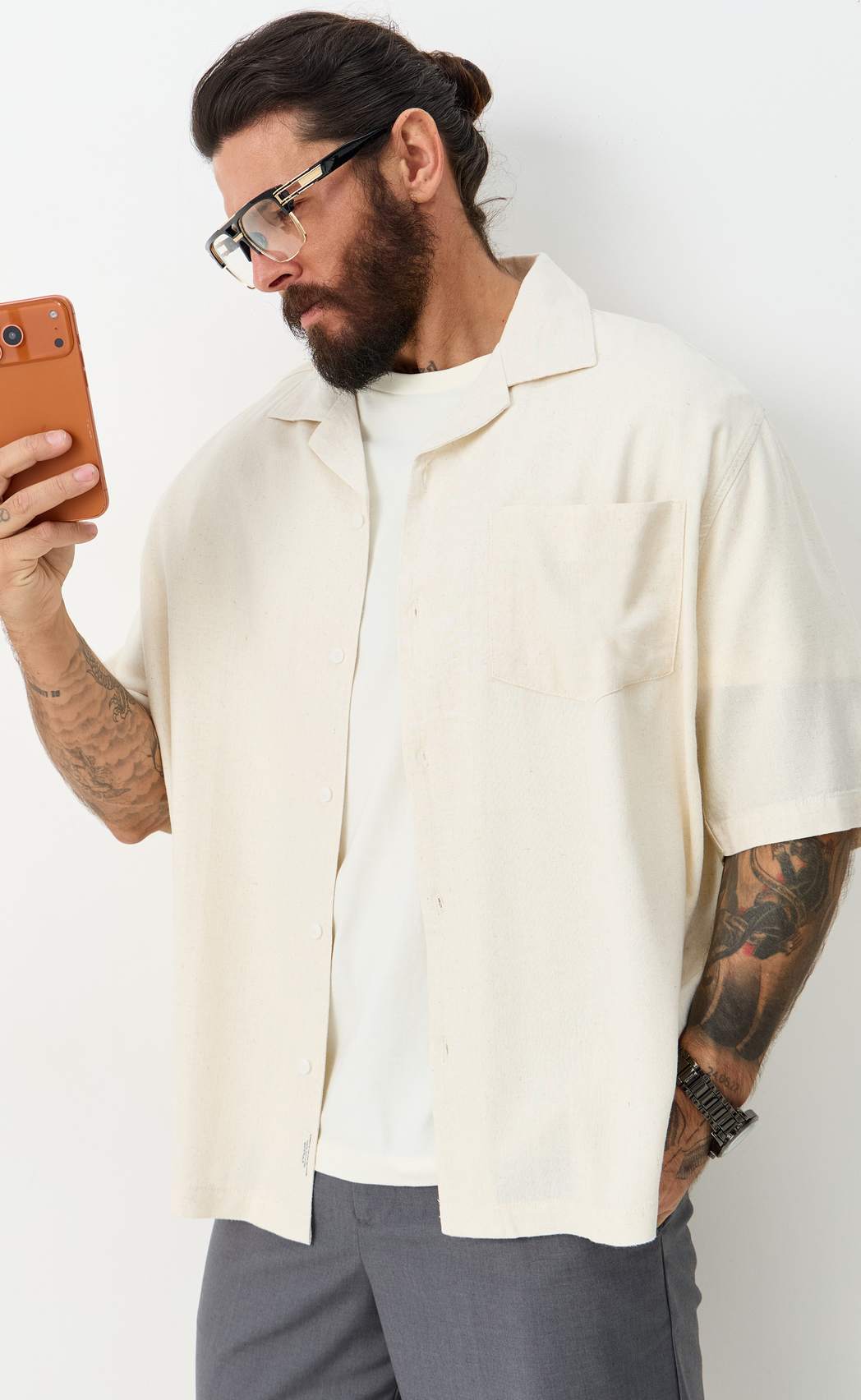 Рубашка к/р лен F611-0423 beige