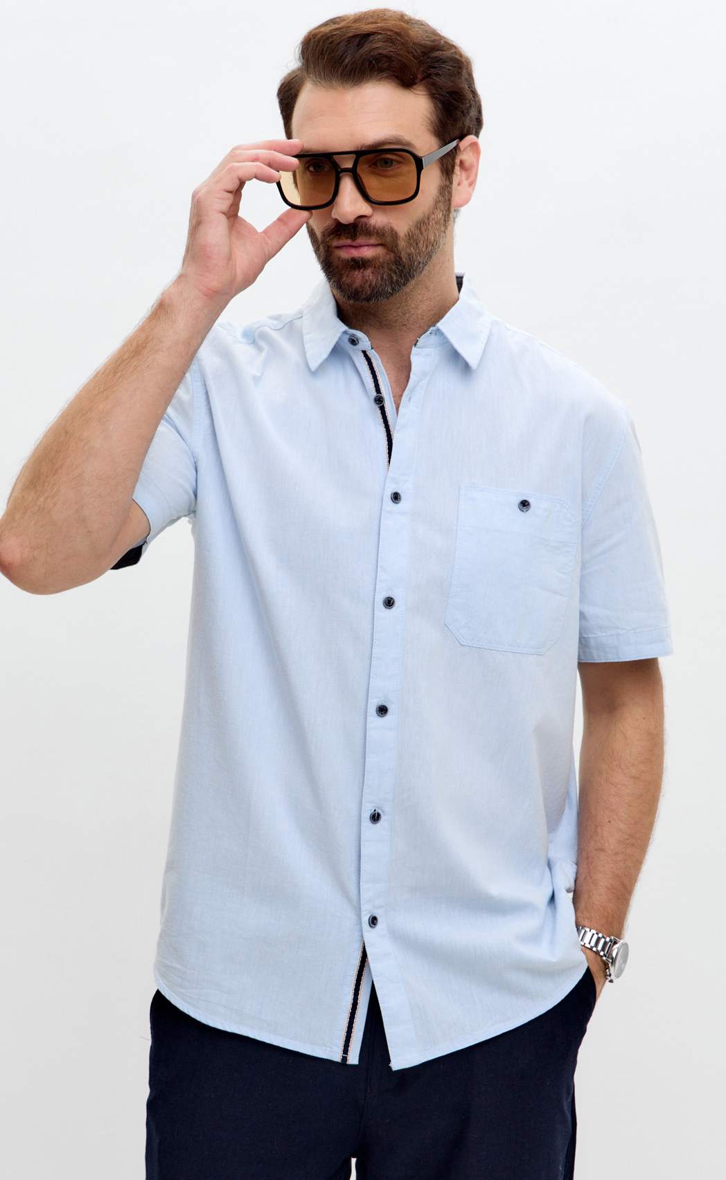 Рубашка к/р лен F611-0485 l.blue