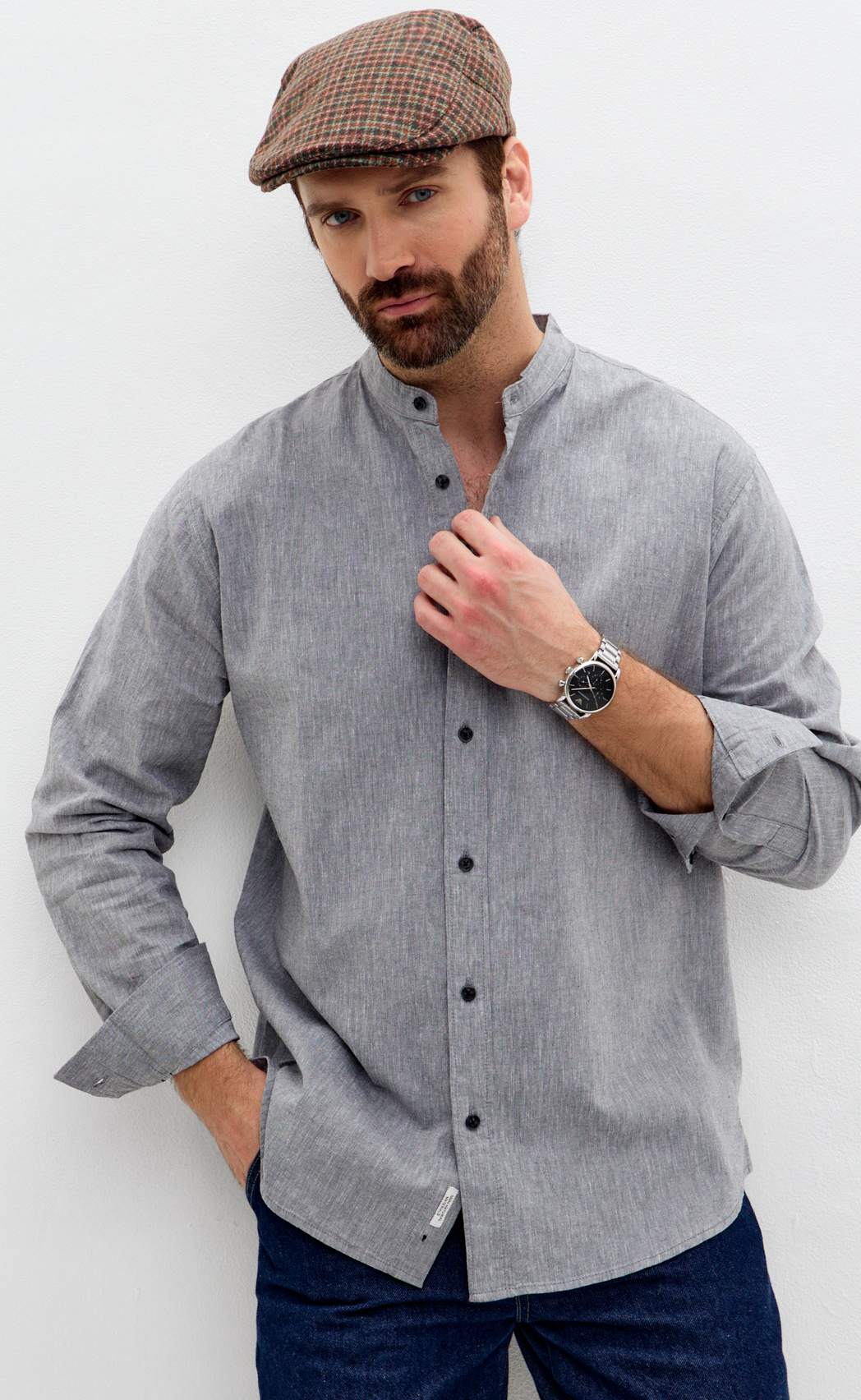 Рубашка д/р лен F511-0480 green-grey