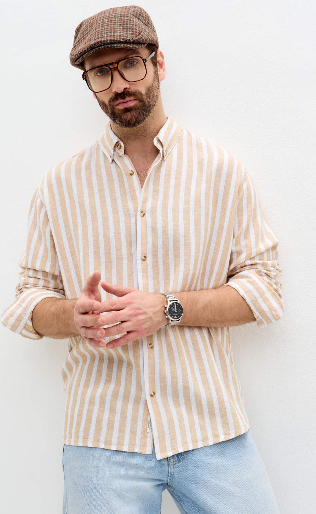 Рубашка д/р лен F611-0483 beige stripes