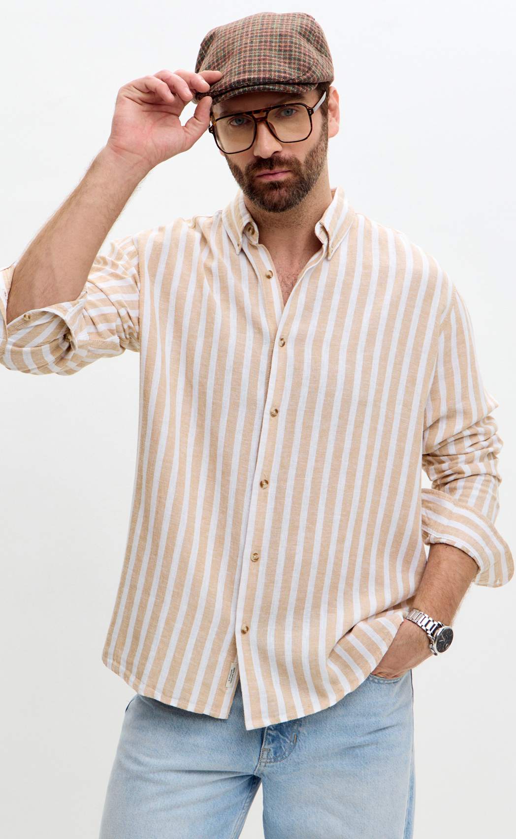 Рубашка д/р лен F611-0483 beige stripes