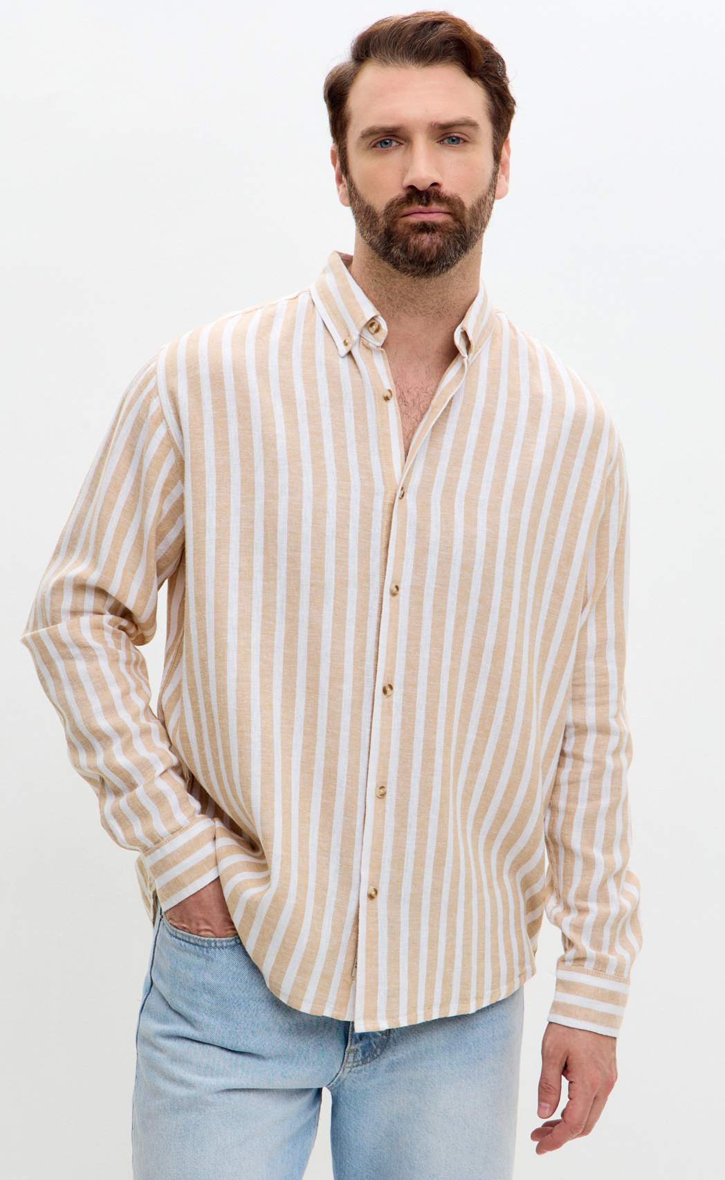 Рубашка д/р лен F611-0483 beige stripes