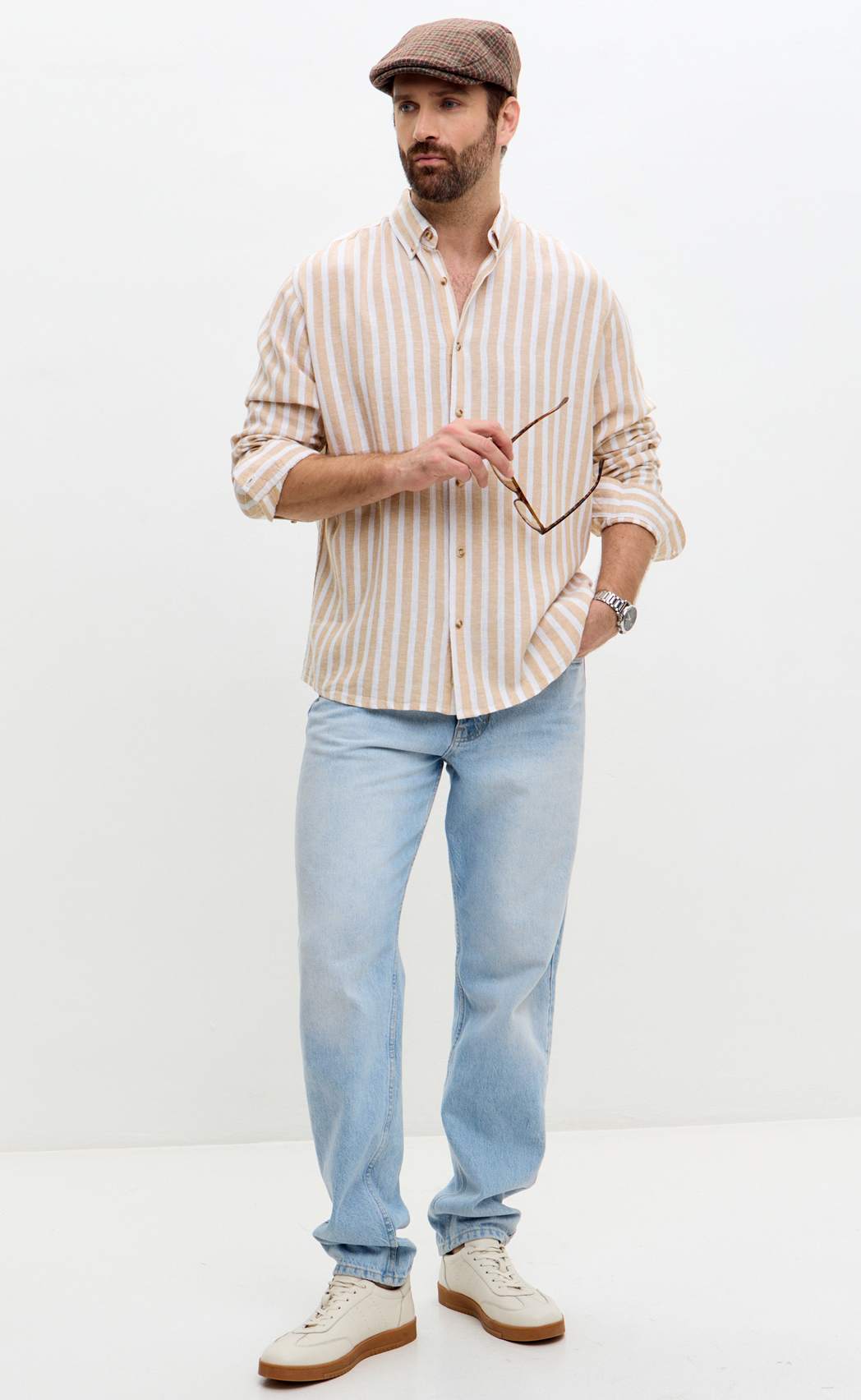 Рубашка д/р лен F611-0483 beige stripes