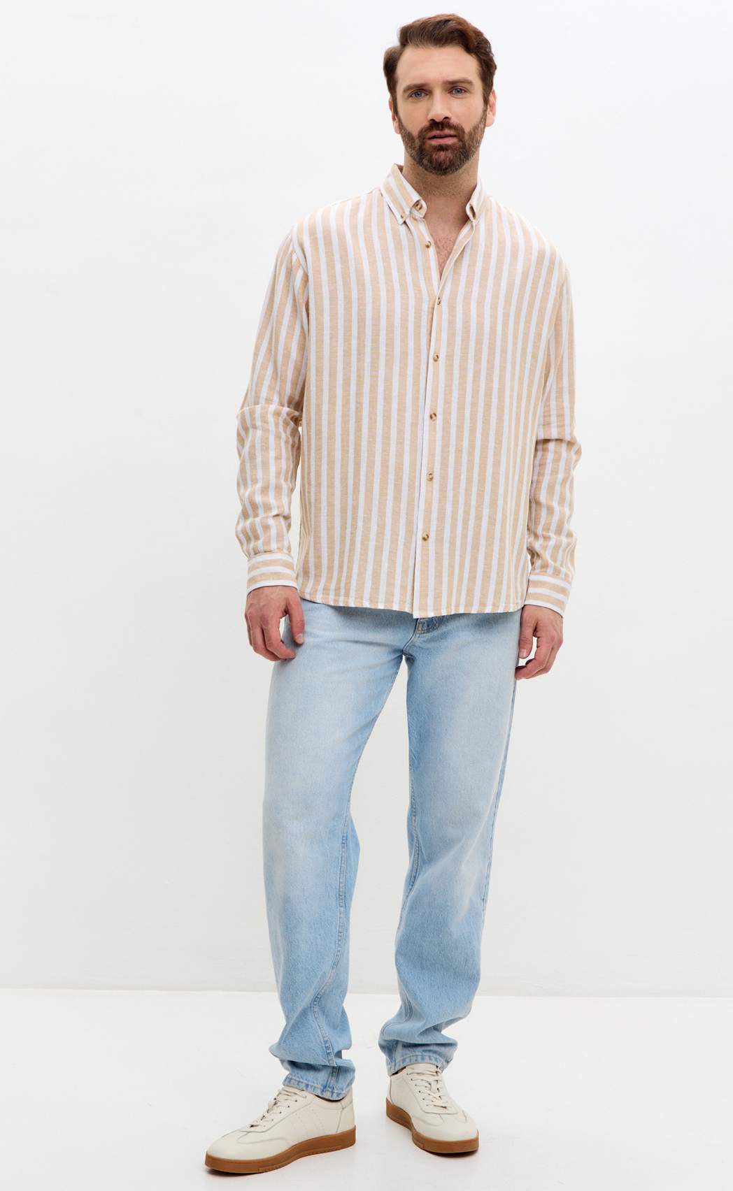 Рубашка д/р лен F611-0483 beige stripes