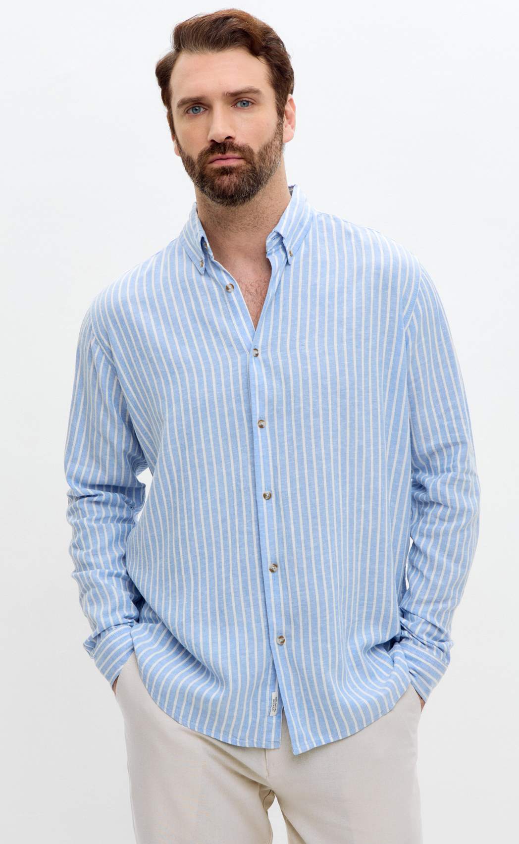 Рубашка д/р лен F611-0483 l.blue stripes