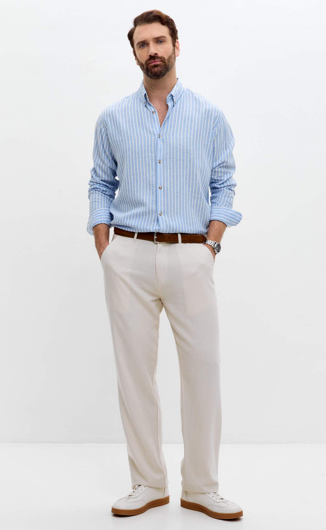 Рубашка д/р лен F611-0483 l.blue stripes