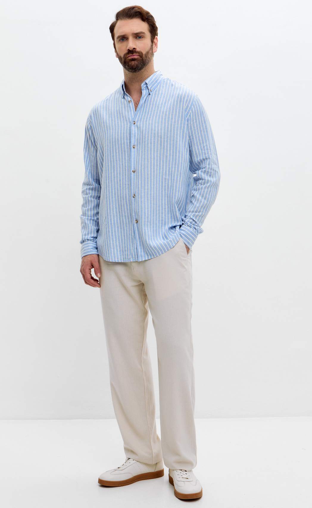 Рубашка д/р лен F611-0483 l.blue stripes