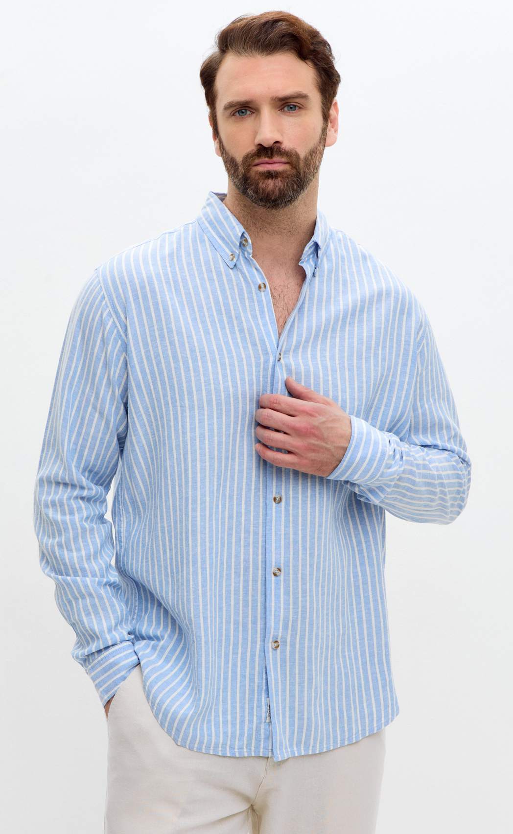 Рубашка д/р лен F611-0483 l.blue stripes