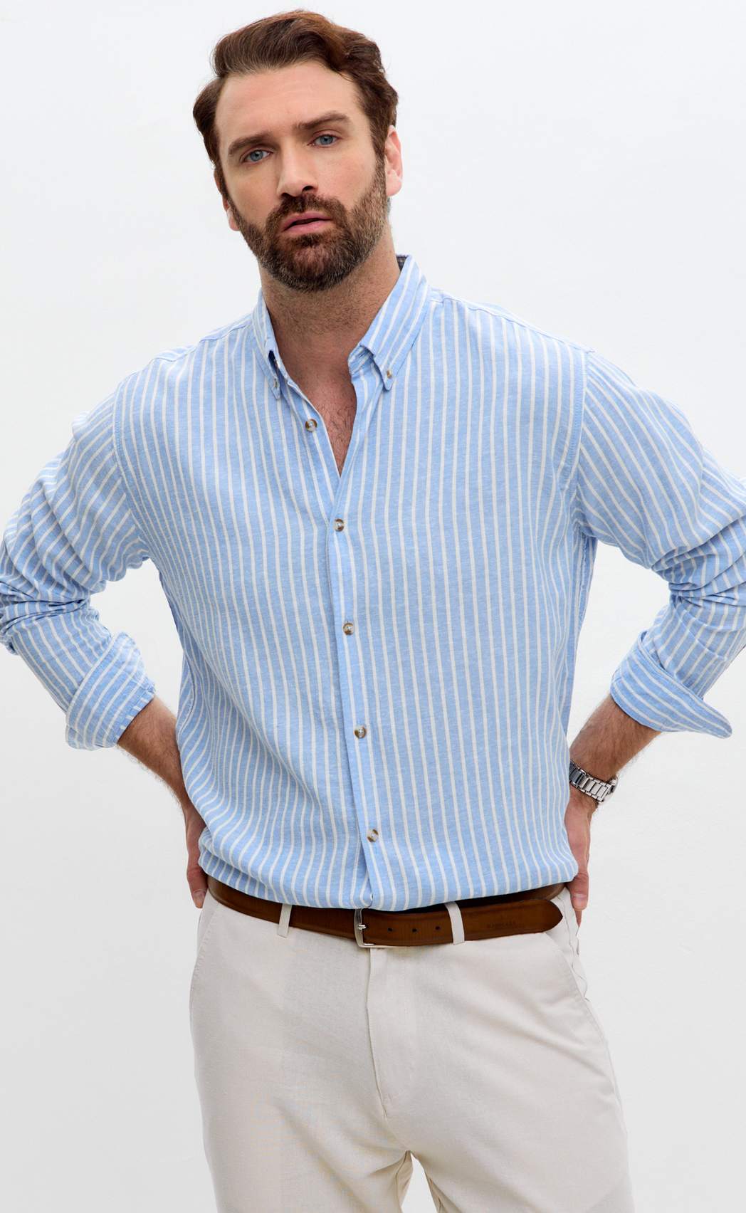 Рубашка д/р лен F611-0483 l.blue stripes