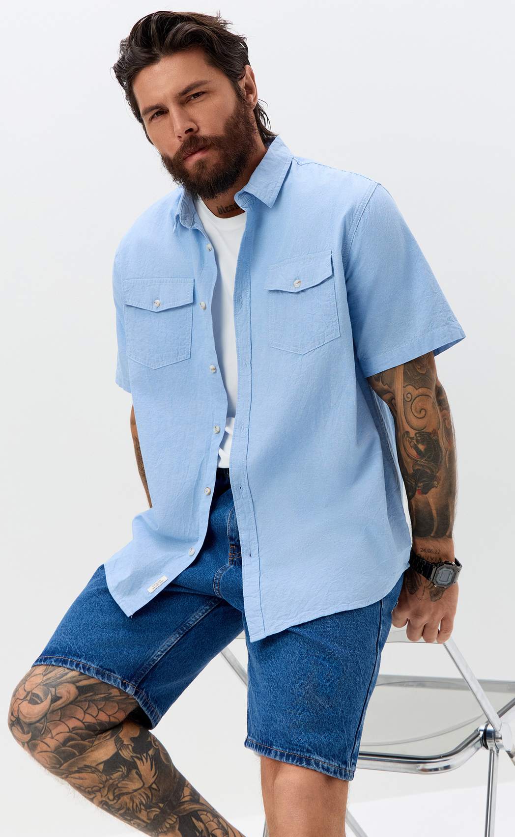 Рубашка к/р лен F611-0482 l.blue