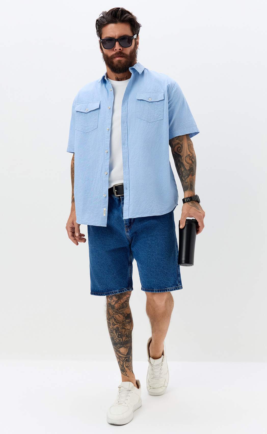 Рубашка к/р лен F611-0482 l.blue