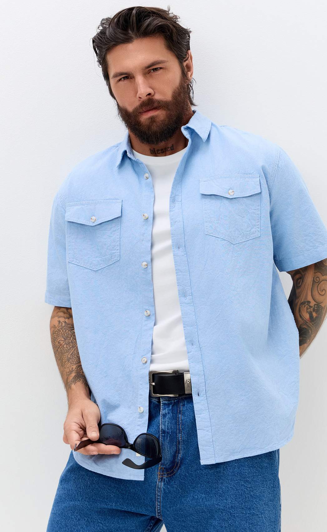 Рубашка к/р лен F611-0482 l.blue