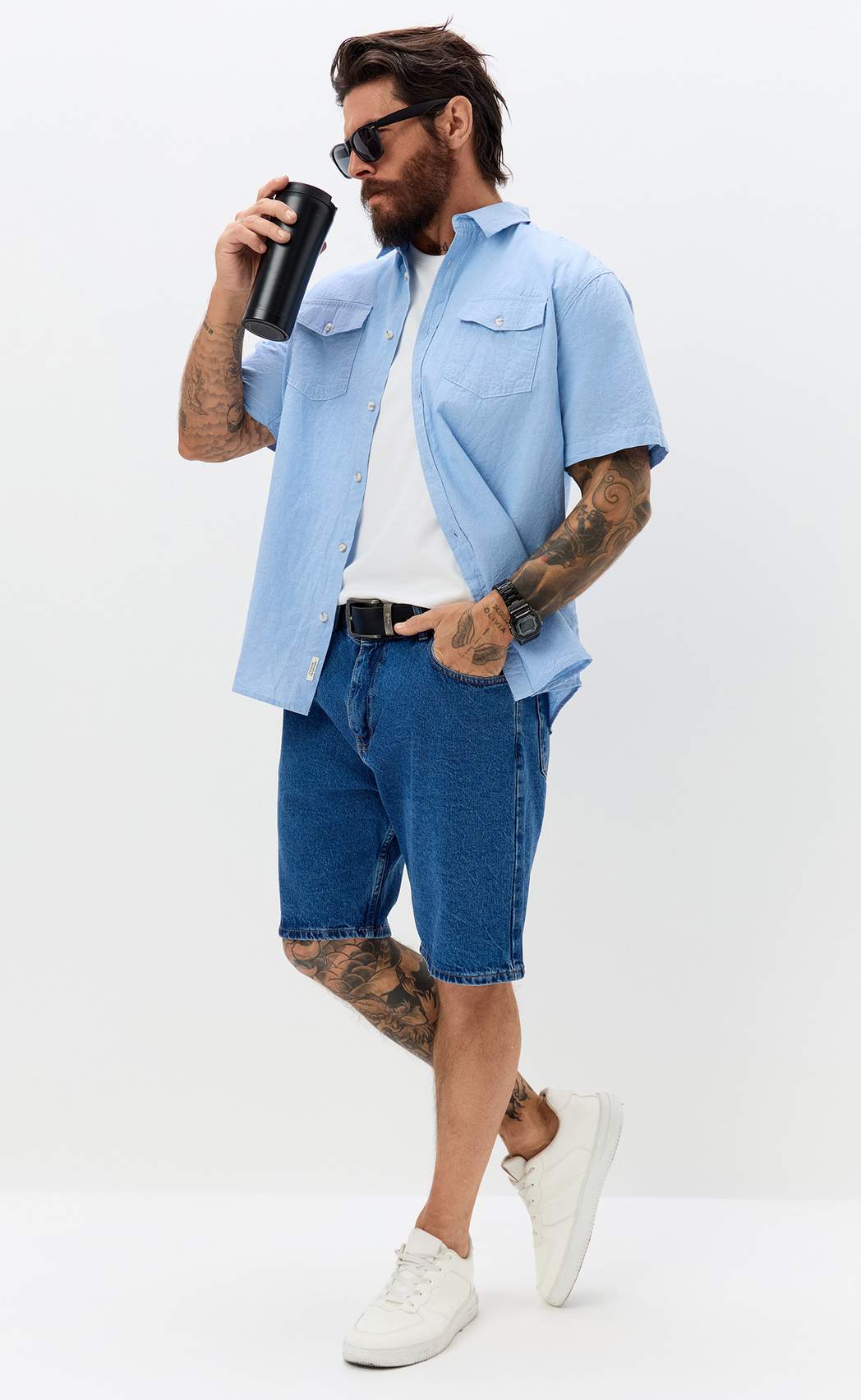 Рубашка к/р лен F611-0482 l.blue