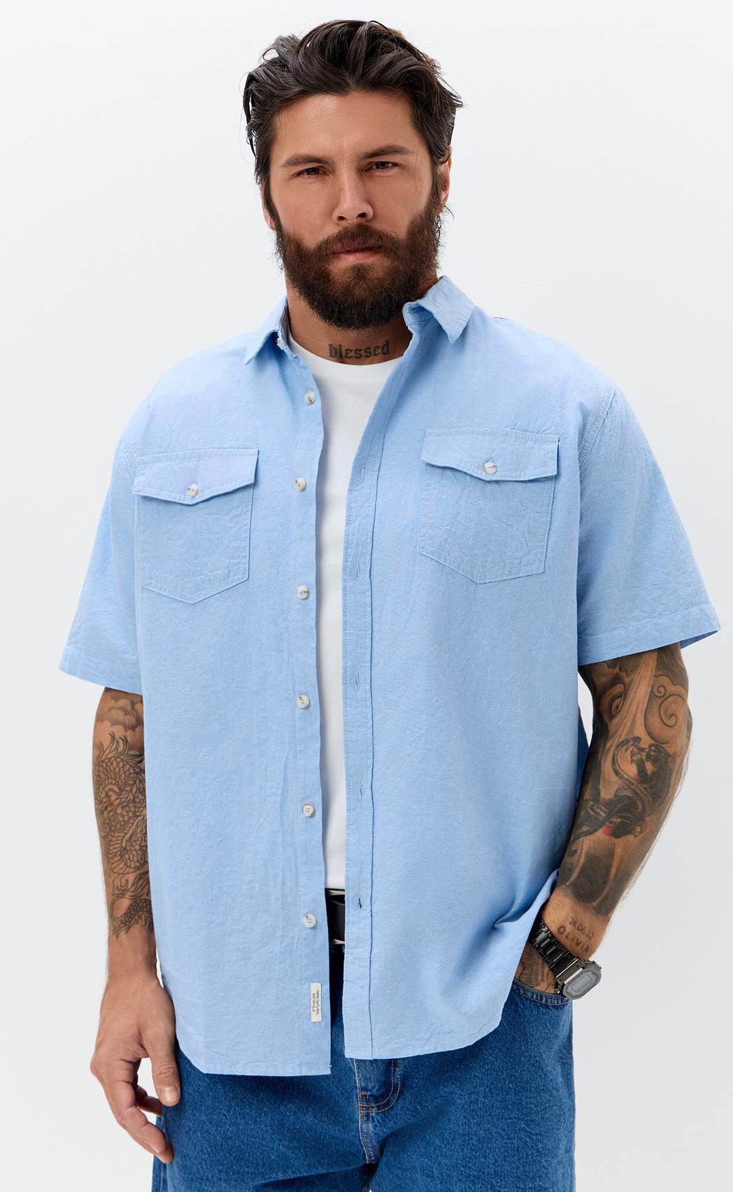 Рубашка к/р лен F611-0482 l.blue