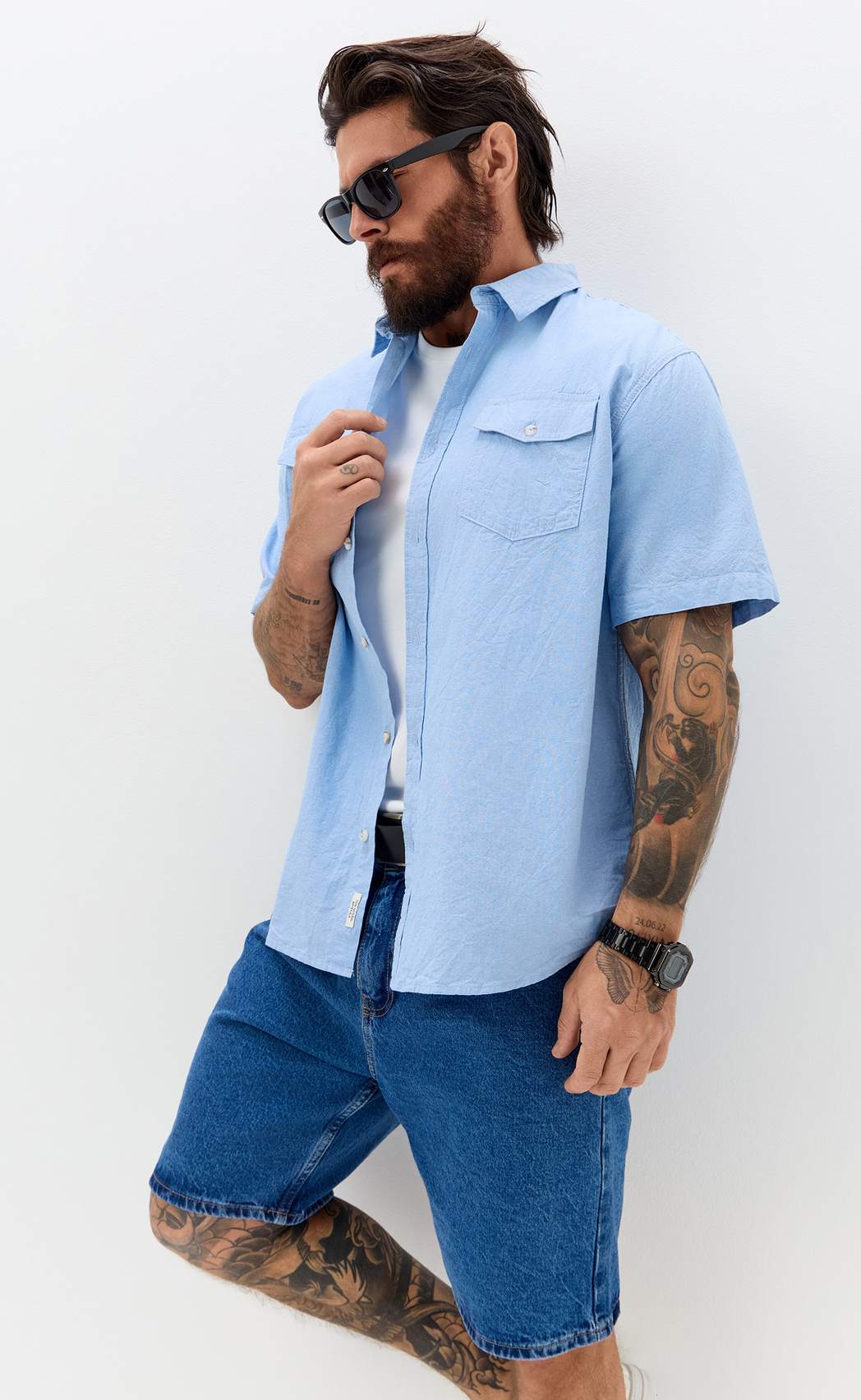 Рубашка к/р лен F611-0482 l.blue