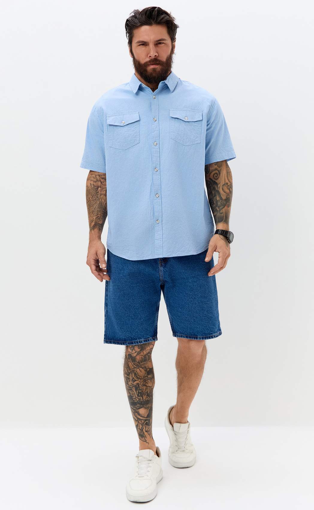 Рубашка к/р лен F611-0482 l.blue