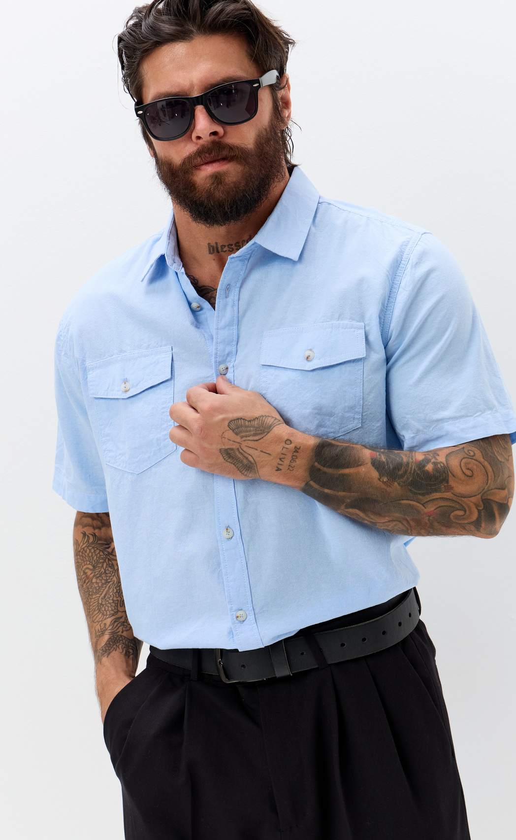 Рубашка к/р лен F611-0482 pale blue