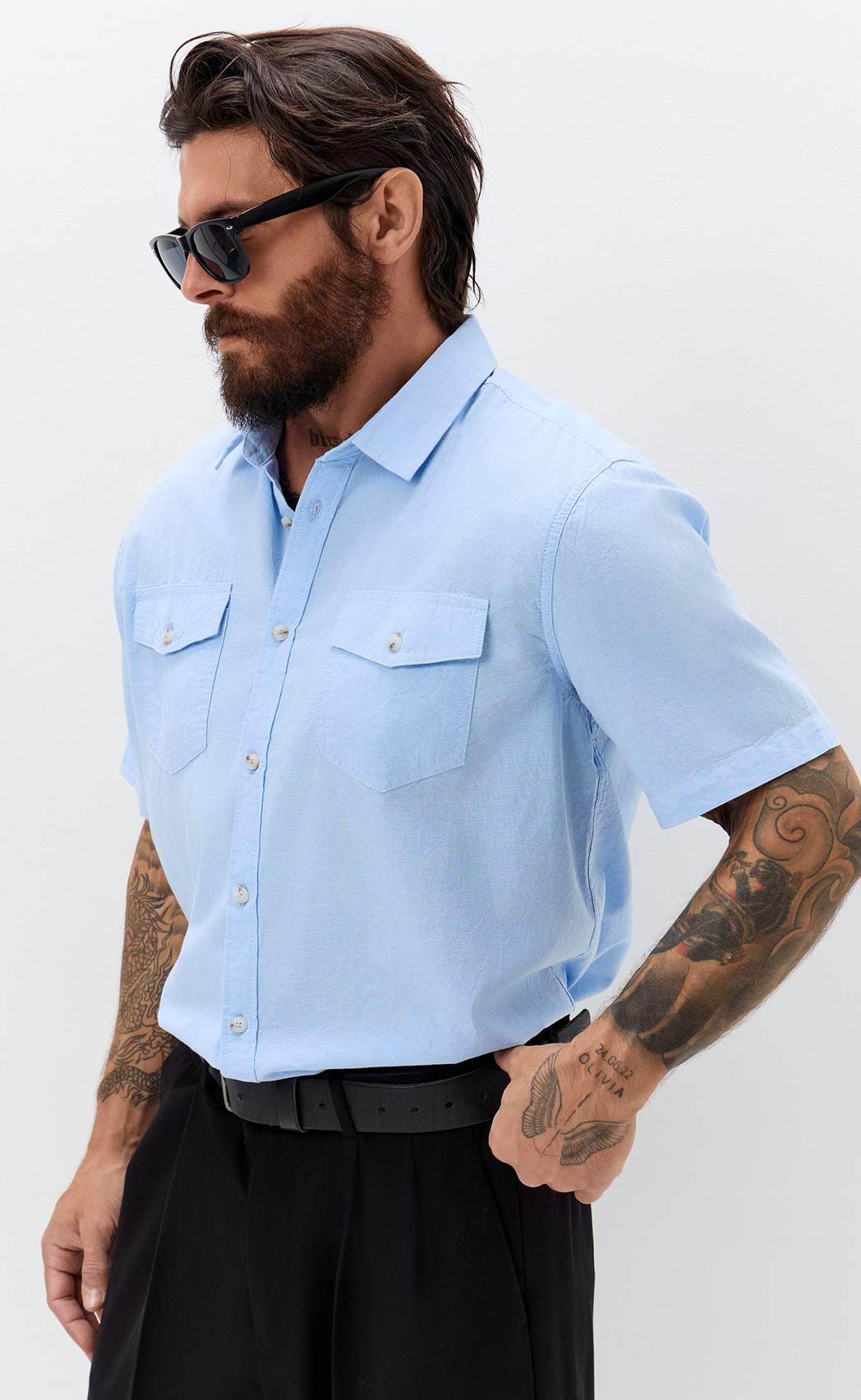 Рубашка к/р лен F611-0482 pale blue